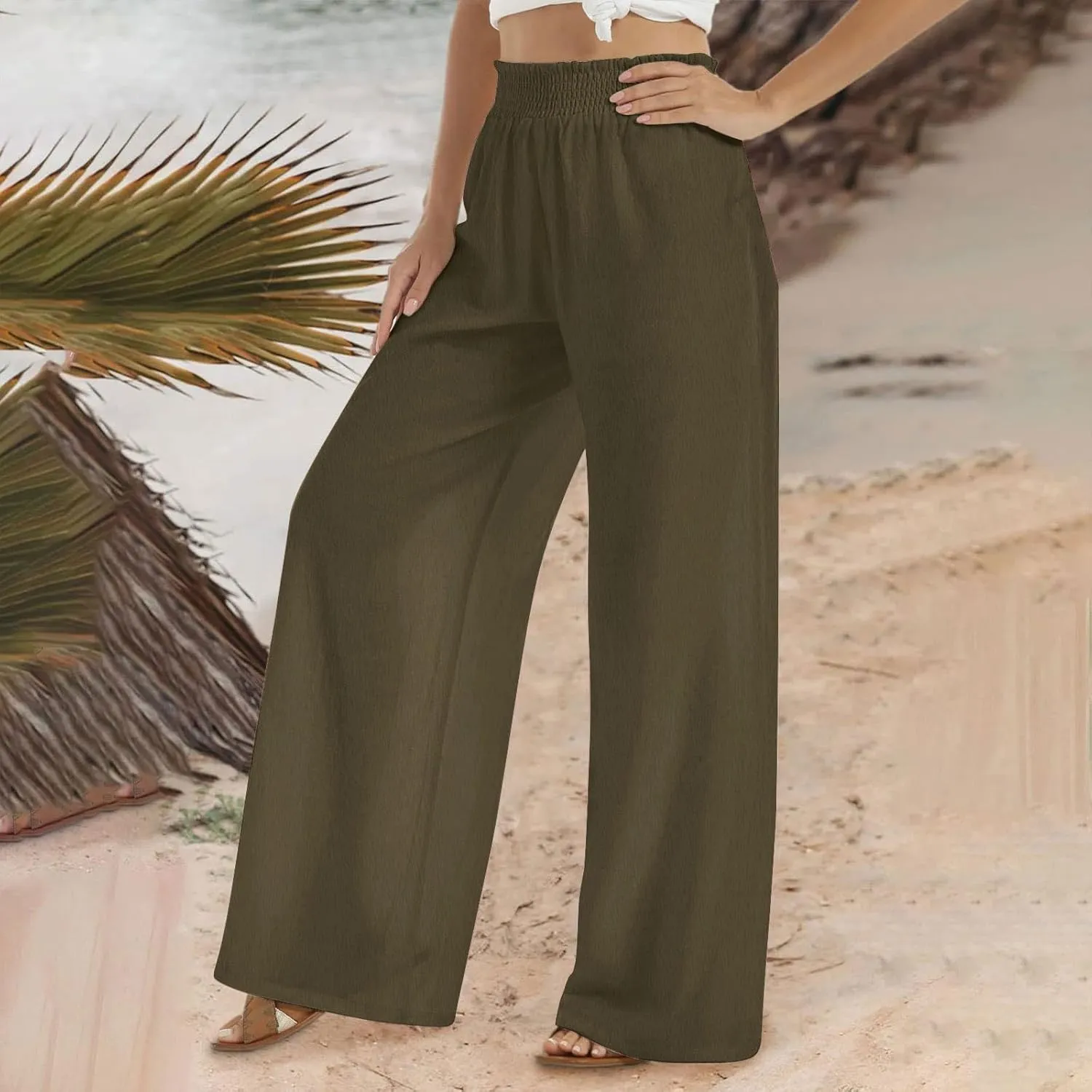 Womens Summer Boho Pants Business Casual Smocked 2025 High Waisted Trousers Summer Flowy Culottes with Pockets
