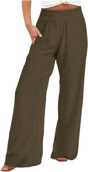 Womens Summer Boho Pants Business Casual Smocked 2025 High Waisted Trousers Summer Flowy Culottes with Pockets