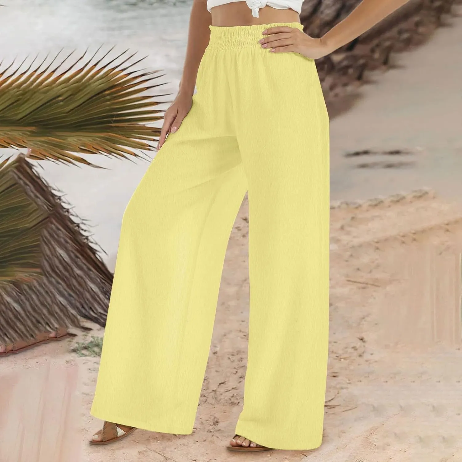 Womens Summer Boho Pants Business Casual Smocked 2025 High Waisted Trousers Summer Flowy Culottes with Pockets