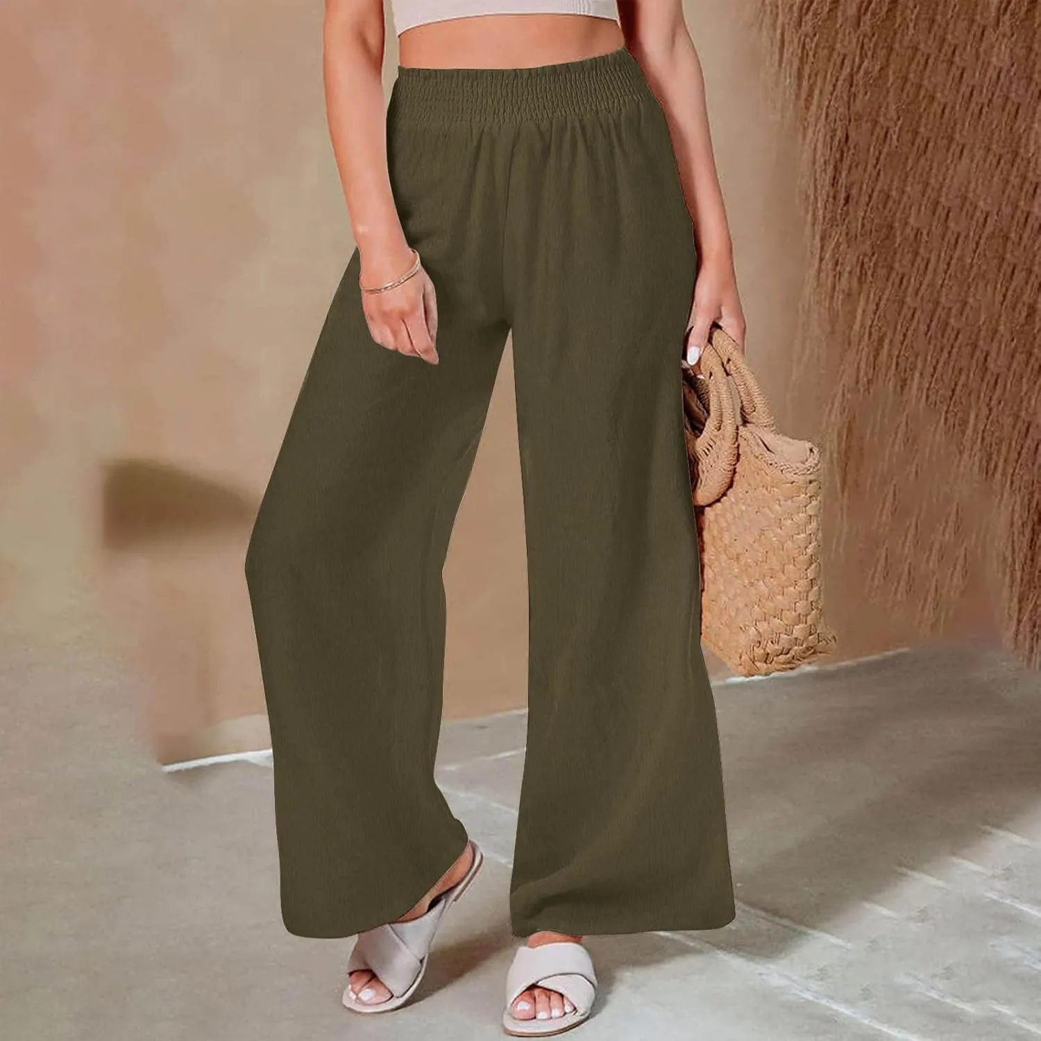 Womens Summer Boho Pants Business Casual Smocked 2025 High Waisted Trousers Summer Flowy Culottes with Pockets
