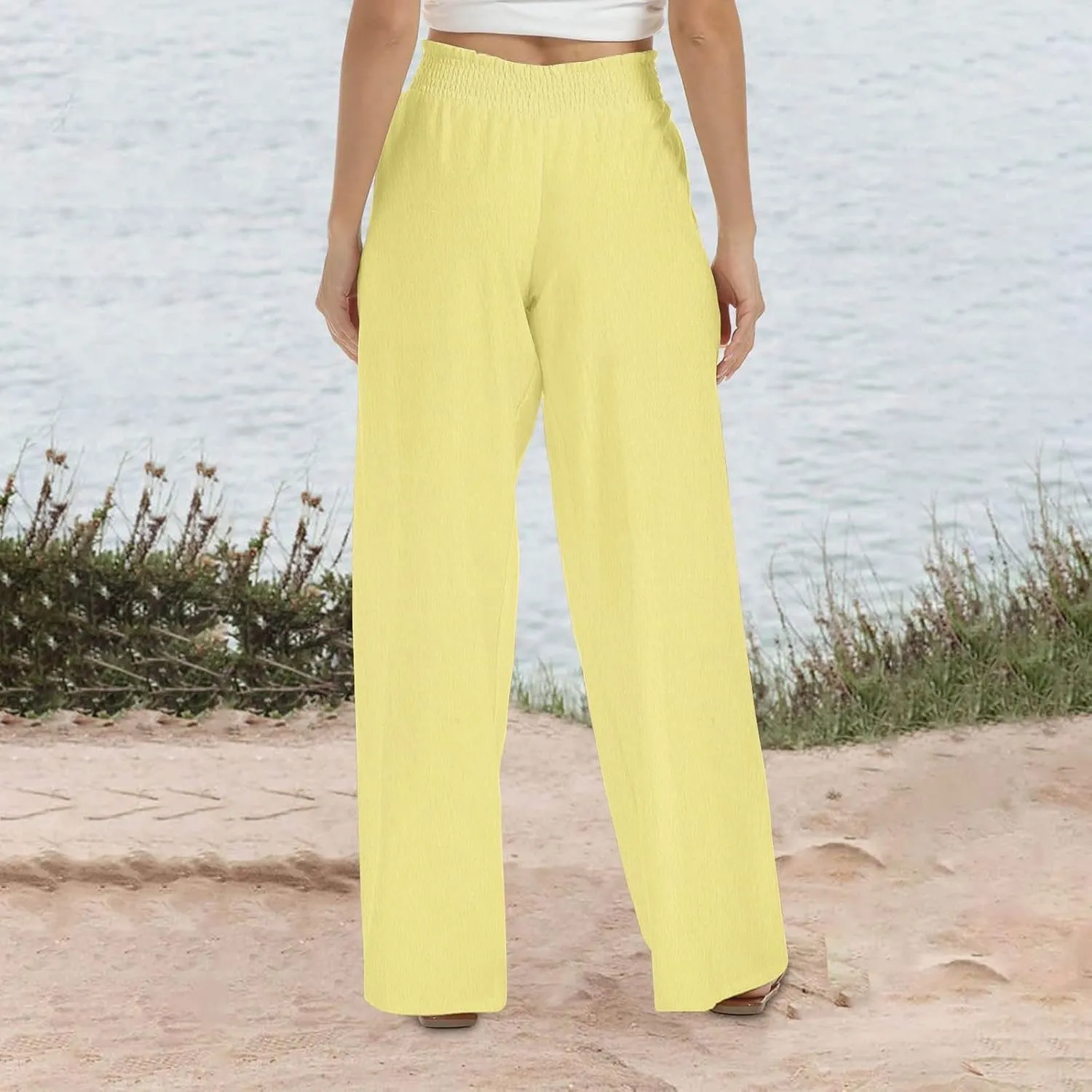 Womens Summer Boho Pants Business Casual Smocked 2025 High Waisted Trousers Summer Flowy Culottes with Pockets