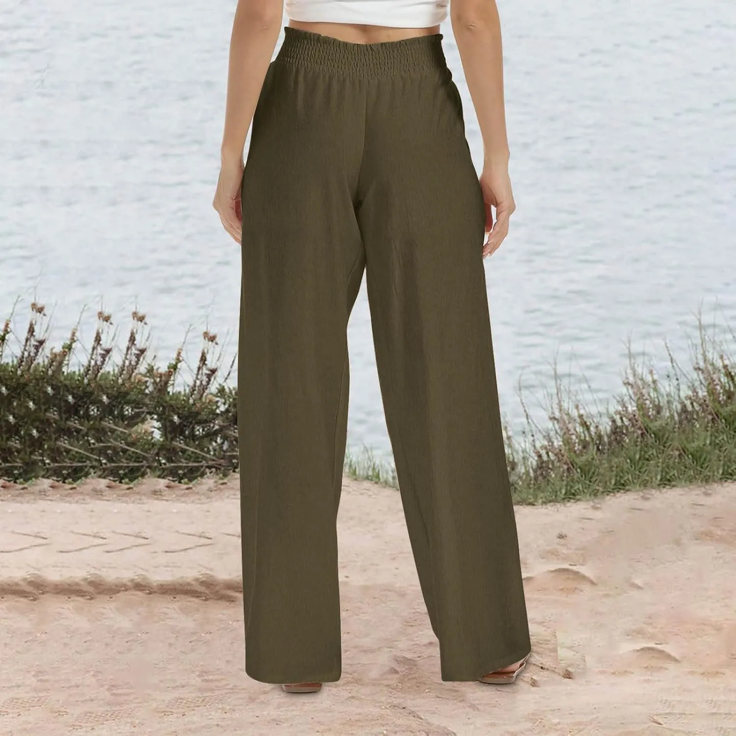 Womens Summer Boho Pants Business Casual Smocked 2025 High Waisted Trousers Summer Flowy Culottes with Pockets