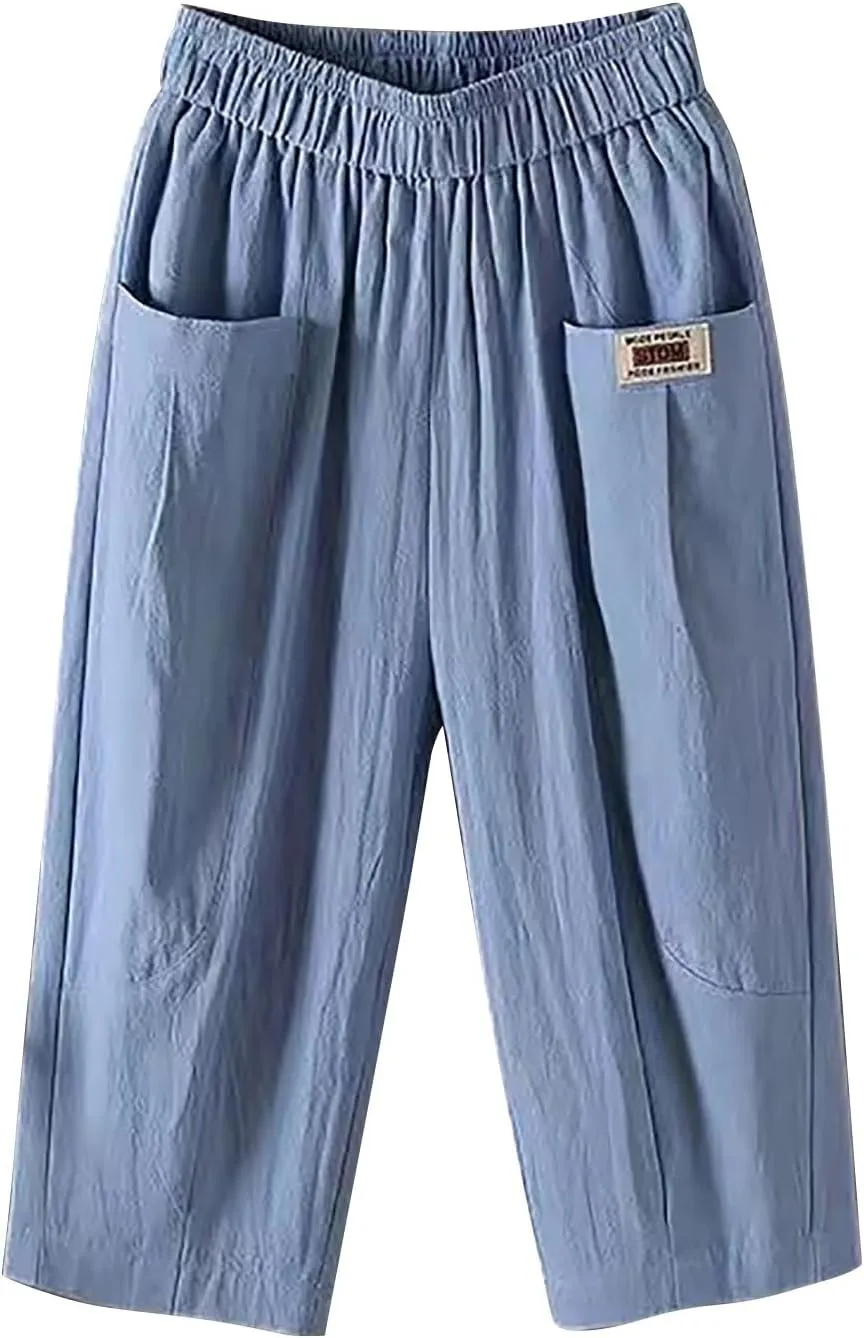 Women's Summer Capri Pants Elastic High Waist Drawstring Wide Leg Cotton Linen Work Pants with Pockets 2024