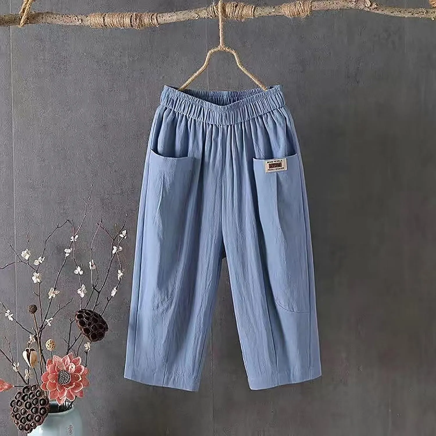 Women's Summer Capri Pants Elastic High Waist Drawstring Wide Leg Cotton Linen Work Pants with Pockets 2024