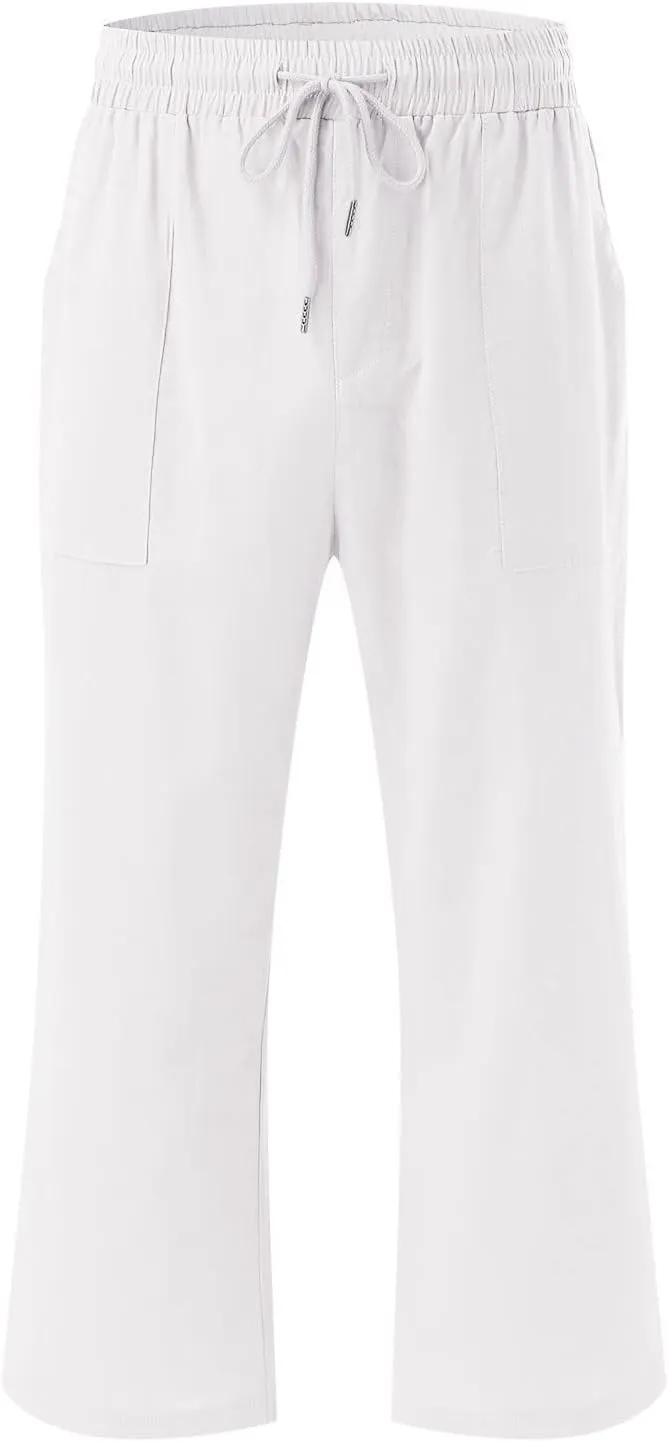 Womens Summer Casual Cotton Linen Capri Pants Drawstring Elastic Waist Wide Leg Trousers Beach Vacation Outfits