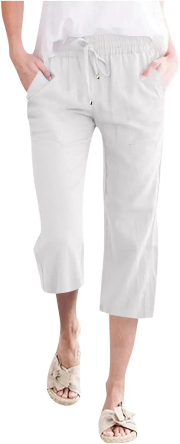 Womens Summer Casual Cotton Linen Capri Pants Drawstring Elastic Waist Wide Leg Trousers Beach Vacation Outfits