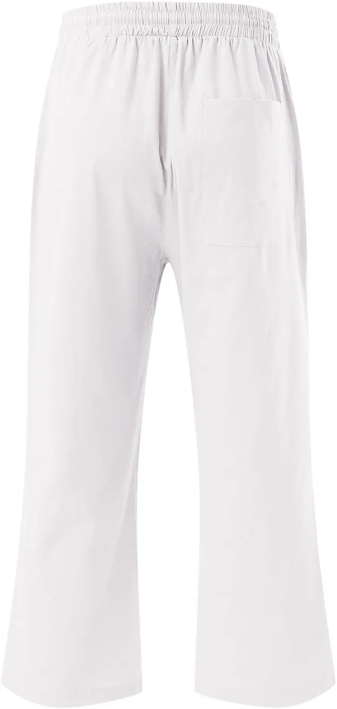 Womens Summer Casual Cotton Linen Capri Pants Drawstring Elastic Waist Wide Leg Trousers Beach Vacation Outfits