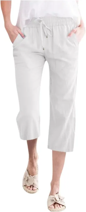 Womens Summer Casual Cotton Linen Capri Pants Drawstring Elastic Waist Wide Leg Trousers Beach Vacation Outfits