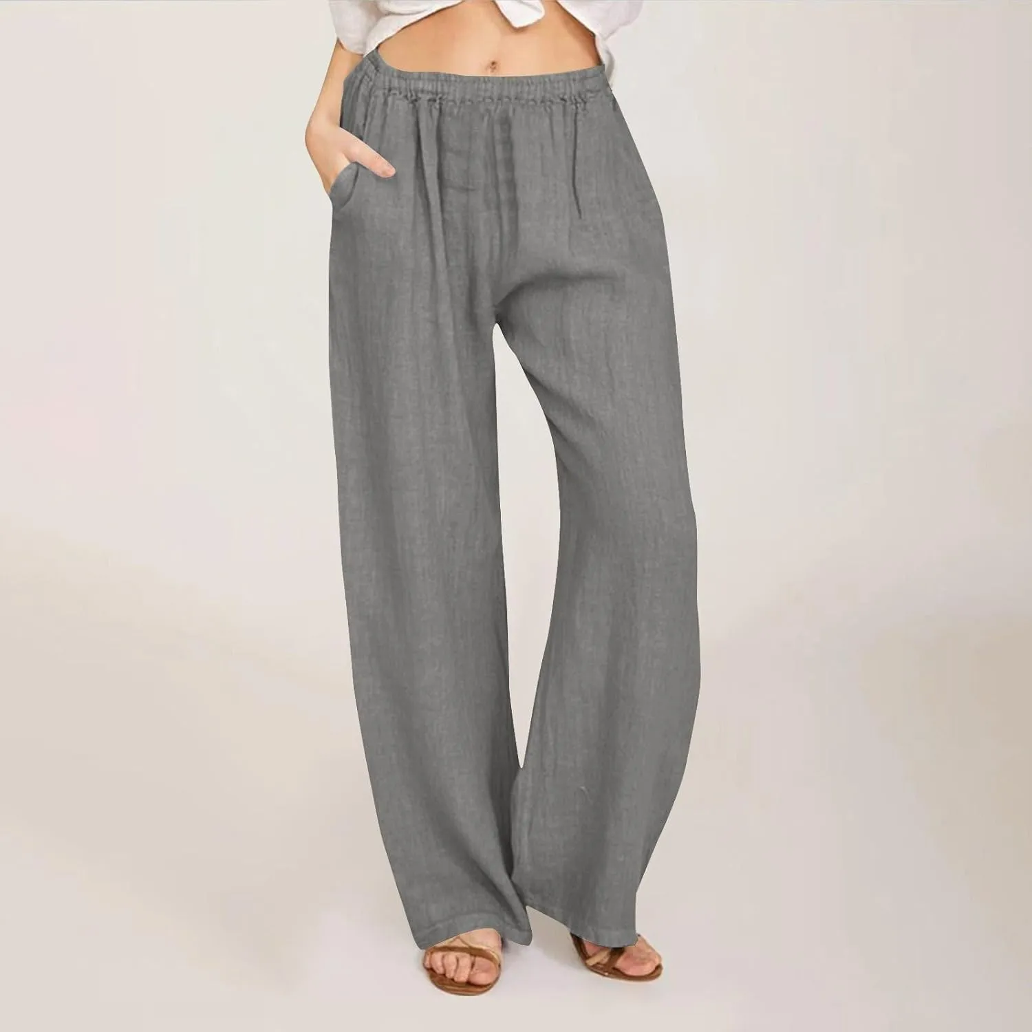 Womens Summer Casual Linen Pants 2025 Fashion High Waist Loose Fit Drawstring Trousers Palazzo Pants with Pockets