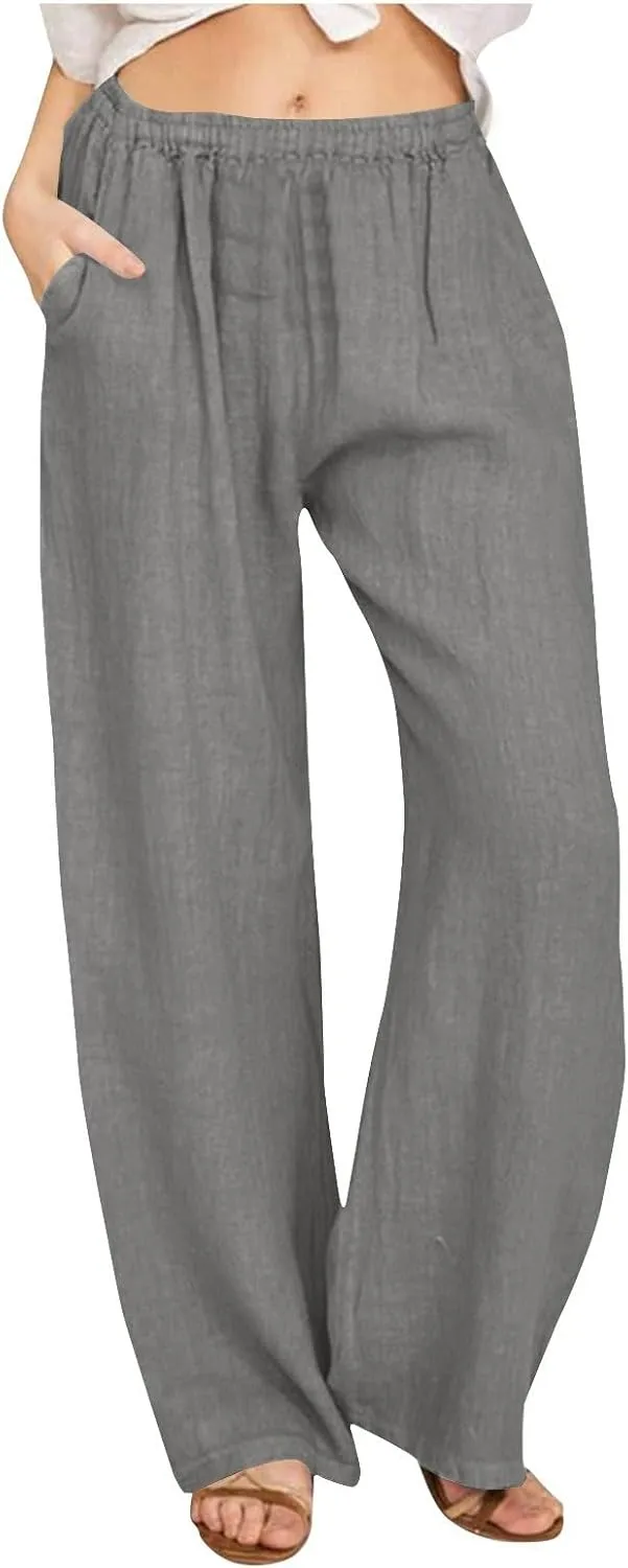 Womens Summer Casual Linen Pants 2025 Fashion High Waist Loose Fit Drawstring Trousers Palazzo Pants with Pockets