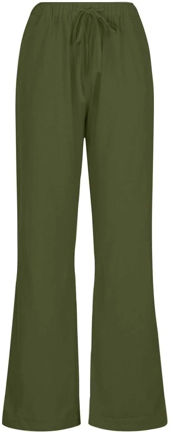 Women's Summer Drawstring Waist Wide Leg Loose Cotton Linen Palazzo Pants Lightweight Straight-Leg Casual Beach Pant