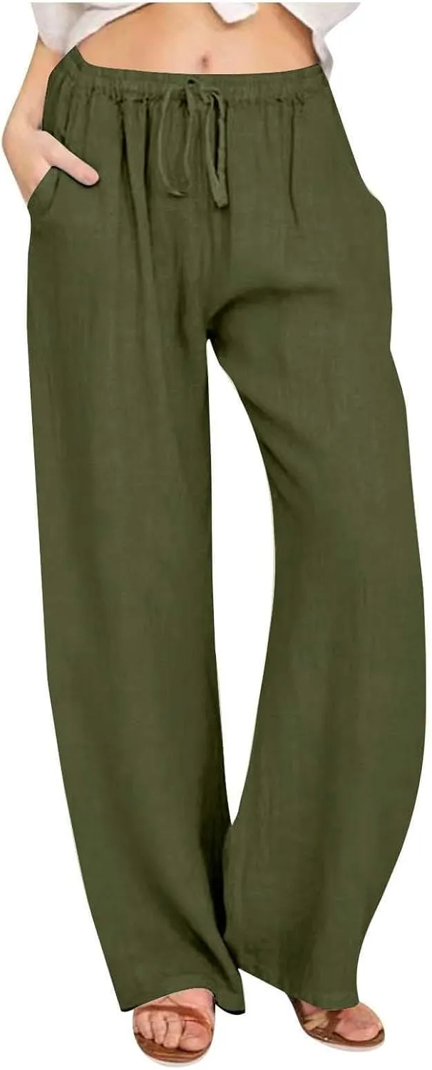 Women's Summer Drawstring Waist Wide Leg Loose Cotton Linen Palazzo Pants Lightweight Straight-Leg Casual Beach Pant