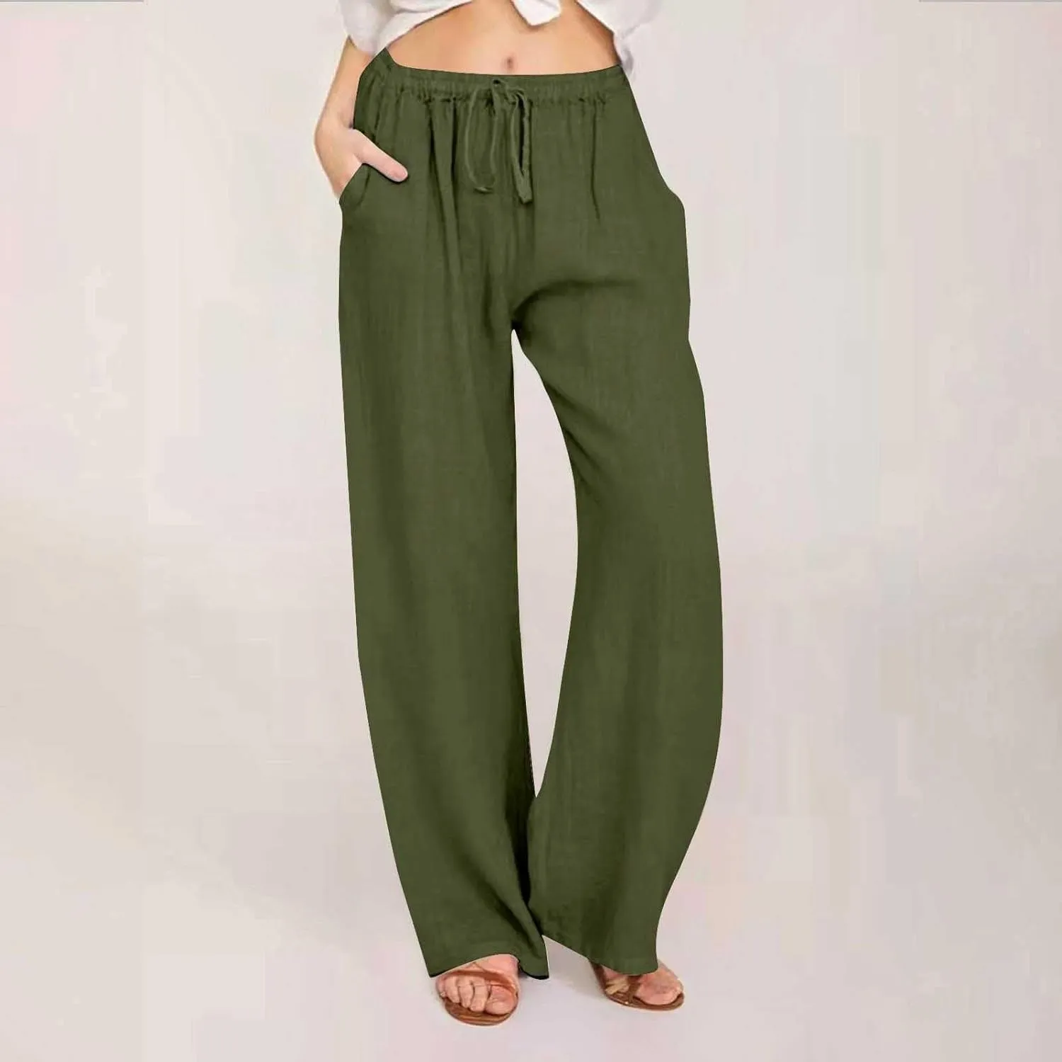 Women's Summer Drawstring Waist Wide Leg Loose Cotton Linen Palazzo Pants Lightweight Straight-Leg Casual Beach Pant