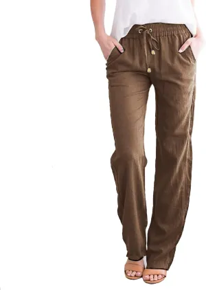 Womens Summer Fashion Linen Cotton Pants Solid Casual High Waist Loose Fit Drawstring Trousers with Pockets