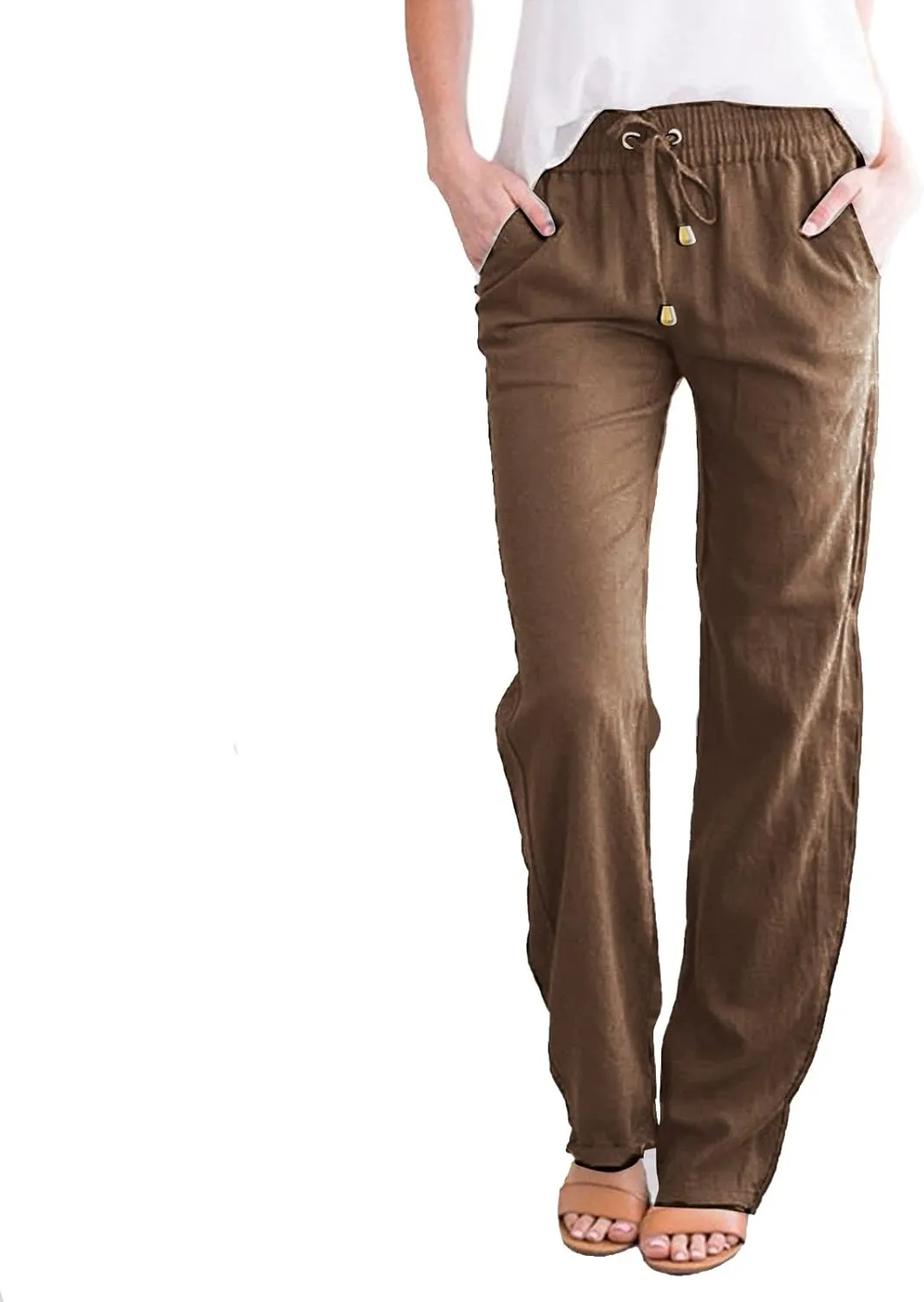 Womens Summer Fashion Linen Cotton Pants Solid Casual High Waist Loose Fit Drawstring Trousers with Pockets