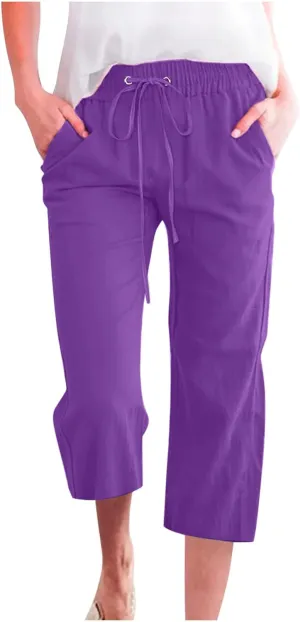 Women's Summer Linen Pants Elastic High Waisted Drawstring Solid Color Capris with Pockets Straight Leg Soft Trousers