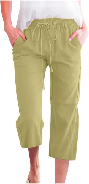 Women's Summer Linen Pants Elastic High Waisted Drawstring Solid Color Capris with Pockets Straight Leg Soft Trousers