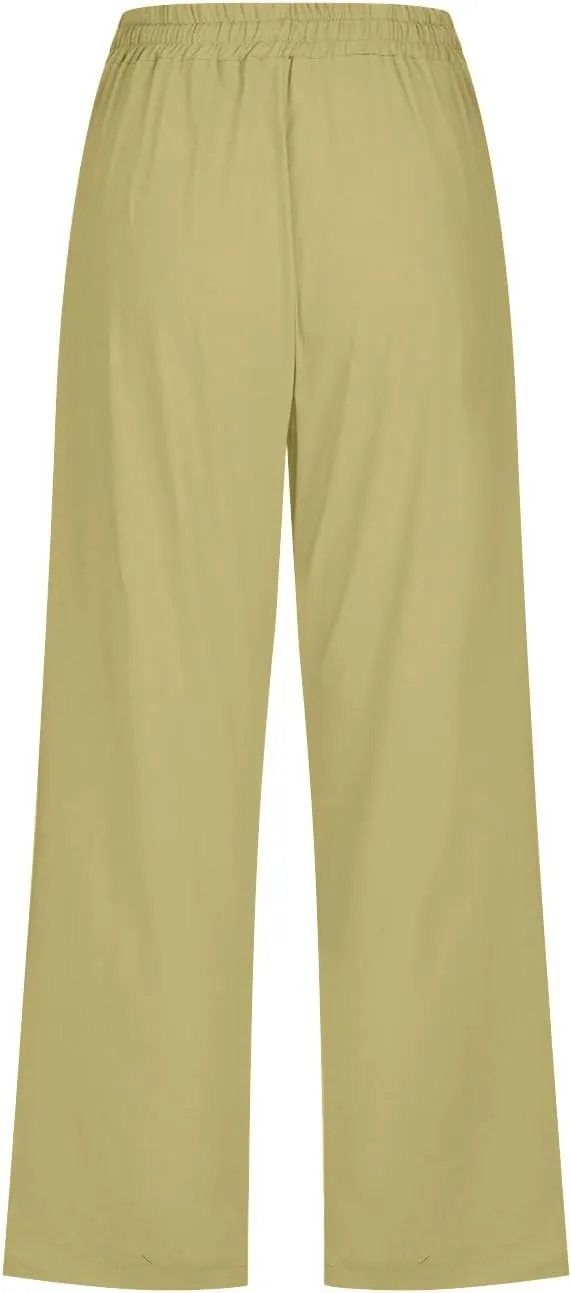 Women's Summer Linen Pants Elastic High Waisted Drawstring Solid Color Capris with Pockets Straight Leg Soft Trousers