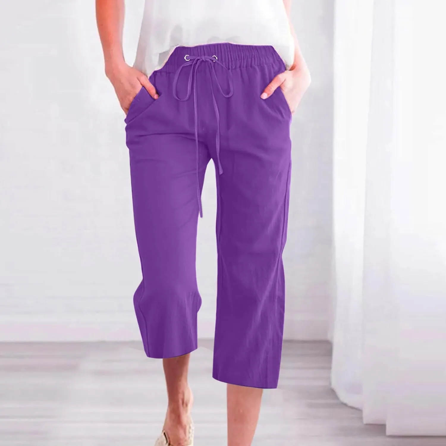 Women's Summer Linen Pants Elastic High Waisted Drawstring Solid Color Capris with Pockets Straight Leg Soft Trousers