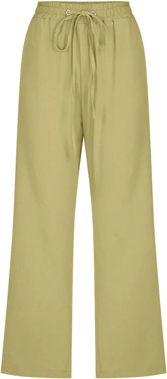 Women's Summer Linen Pants Elastic High Waisted Drawstring Solid Color Capris with Pockets Straight Leg Soft Trousers