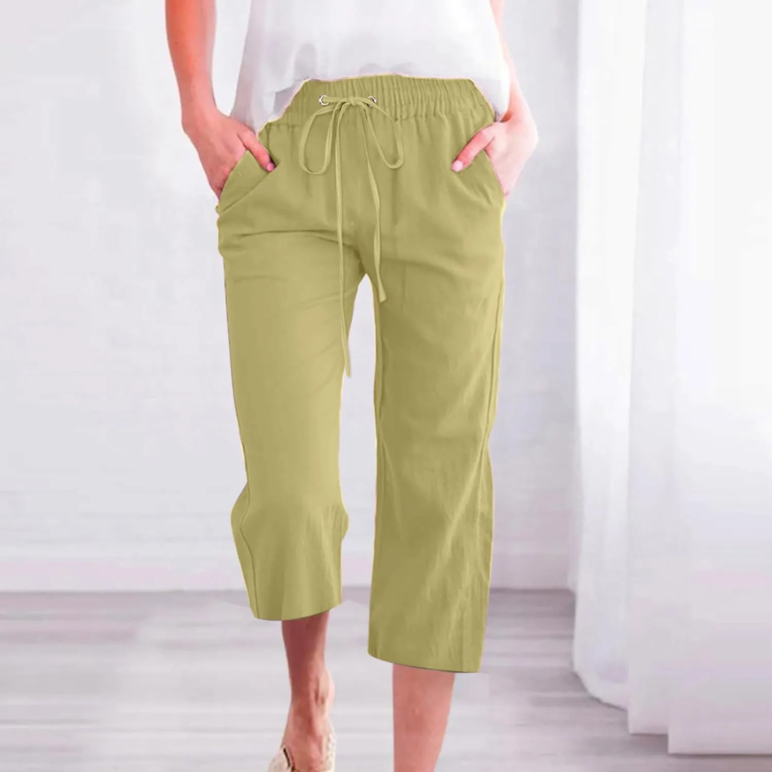 Women's Summer Linen Pants Elastic High Waisted Drawstring Solid Color Capris with Pockets Straight Leg Soft Trousers