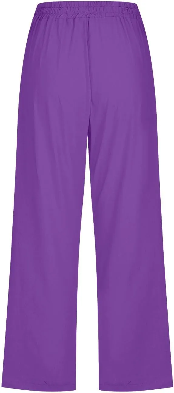 Women's Summer Linen Pants Elastic High Waisted Drawstring Solid Color Capris with Pockets Straight Leg Soft Trousers