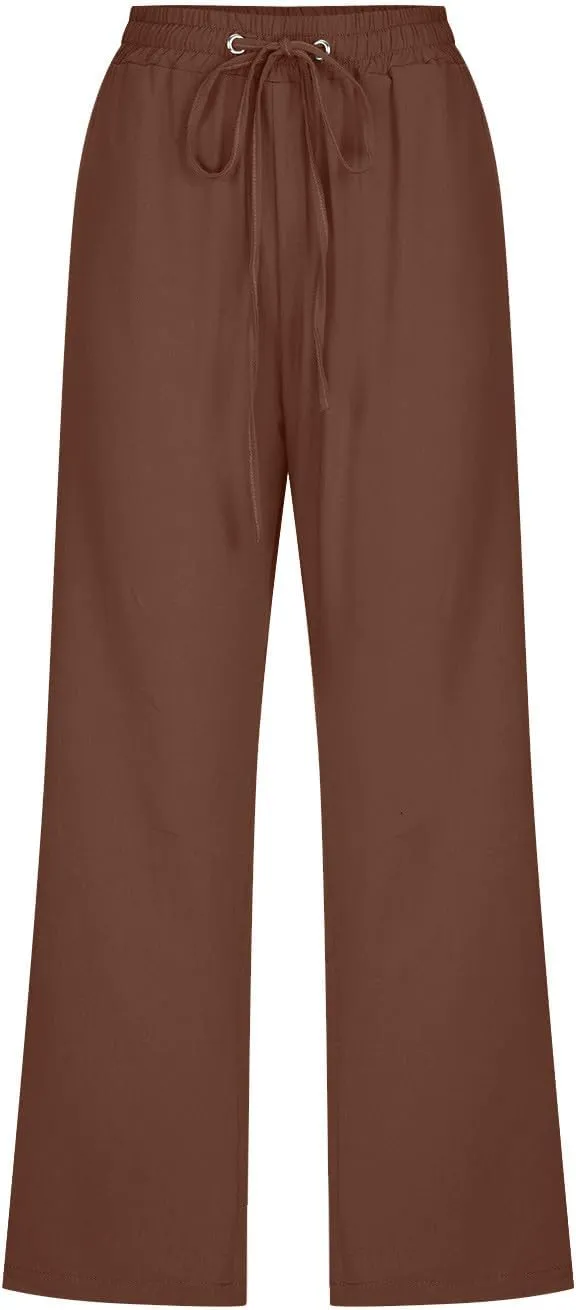 Women's Summer Linen Pants Elastic High Waisted Drawstring Solid Color Capris with Pockets Straight Leg Soft Trousers