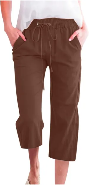 Women's Summer Linen Pants Elastic High Waisted Drawstring Solid Color Capris with Pockets Straight Leg Soft Trousers