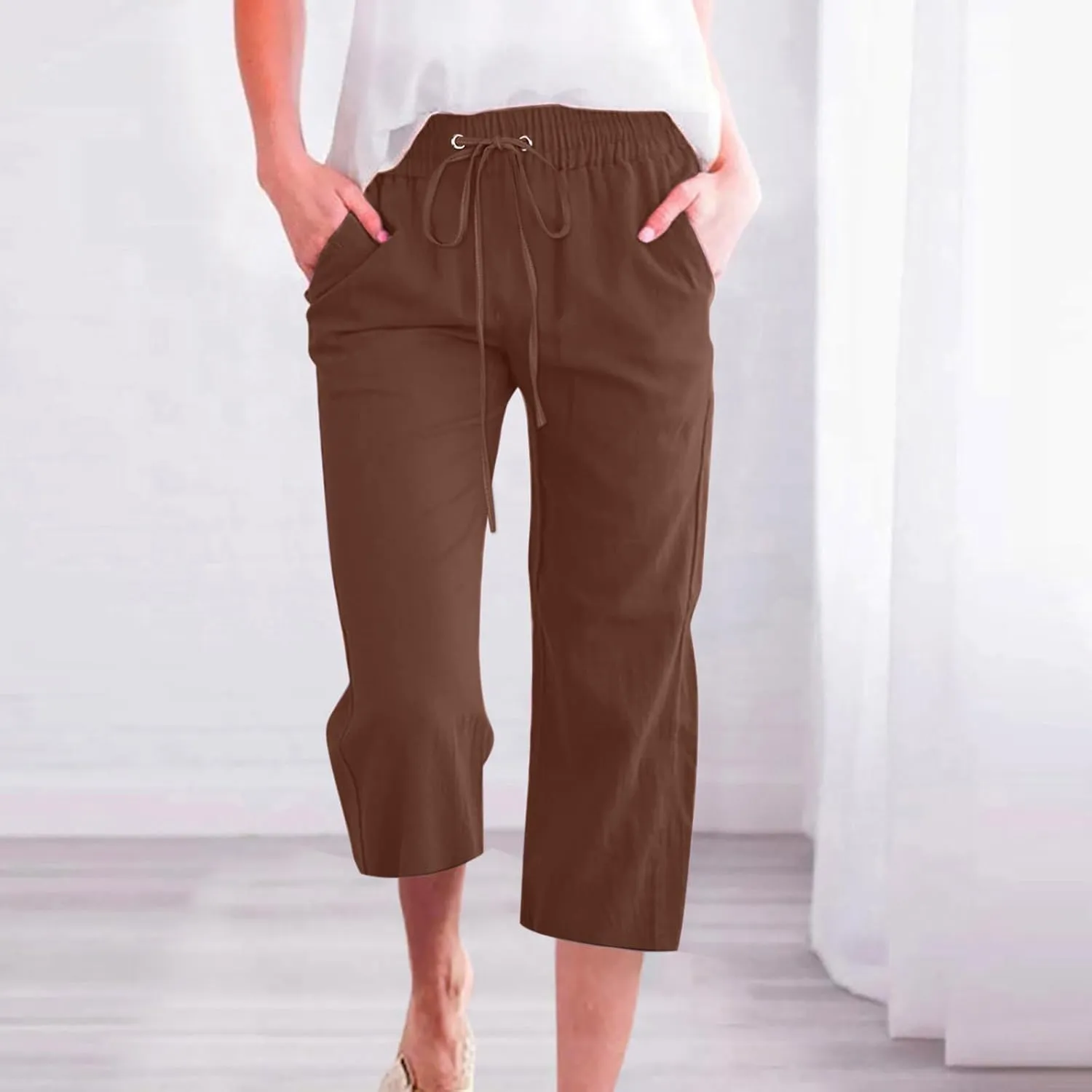 Women's Summer Linen Pants Elastic High Waisted Drawstring Solid Color Capris with Pockets Straight Leg Soft Trousers
