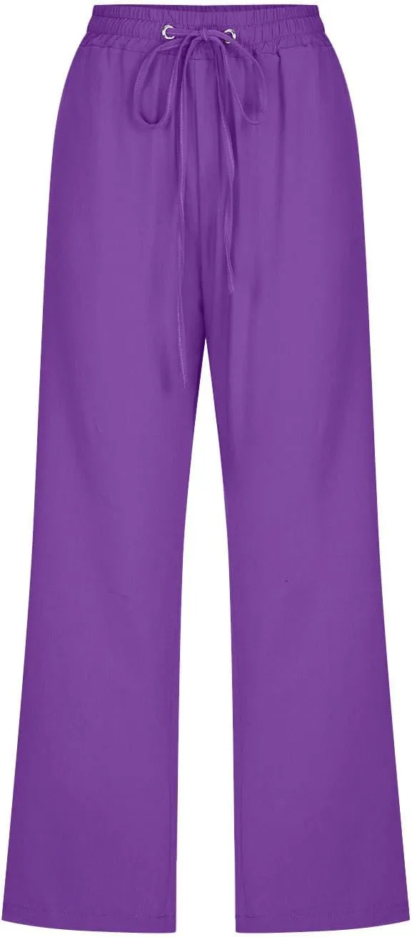 Women's Summer Linen Pants Elastic High Waisted Drawstring Solid Color Capris with Pockets Straight Leg Soft Trousers