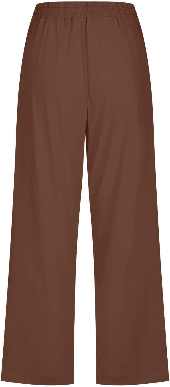 Women's Summer Linen Pants Elastic High Waisted Drawstring Solid Color Capris with Pockets Straight Leg Soft Trousers