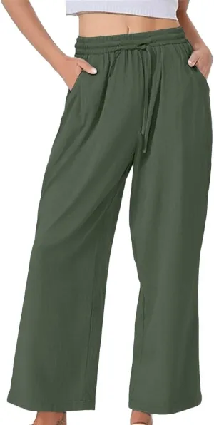 Women's Summer Pants Cotton Linen Drawstring Straight Leg Trousers Summer Lightweight Breahable Joggers Casual Pants