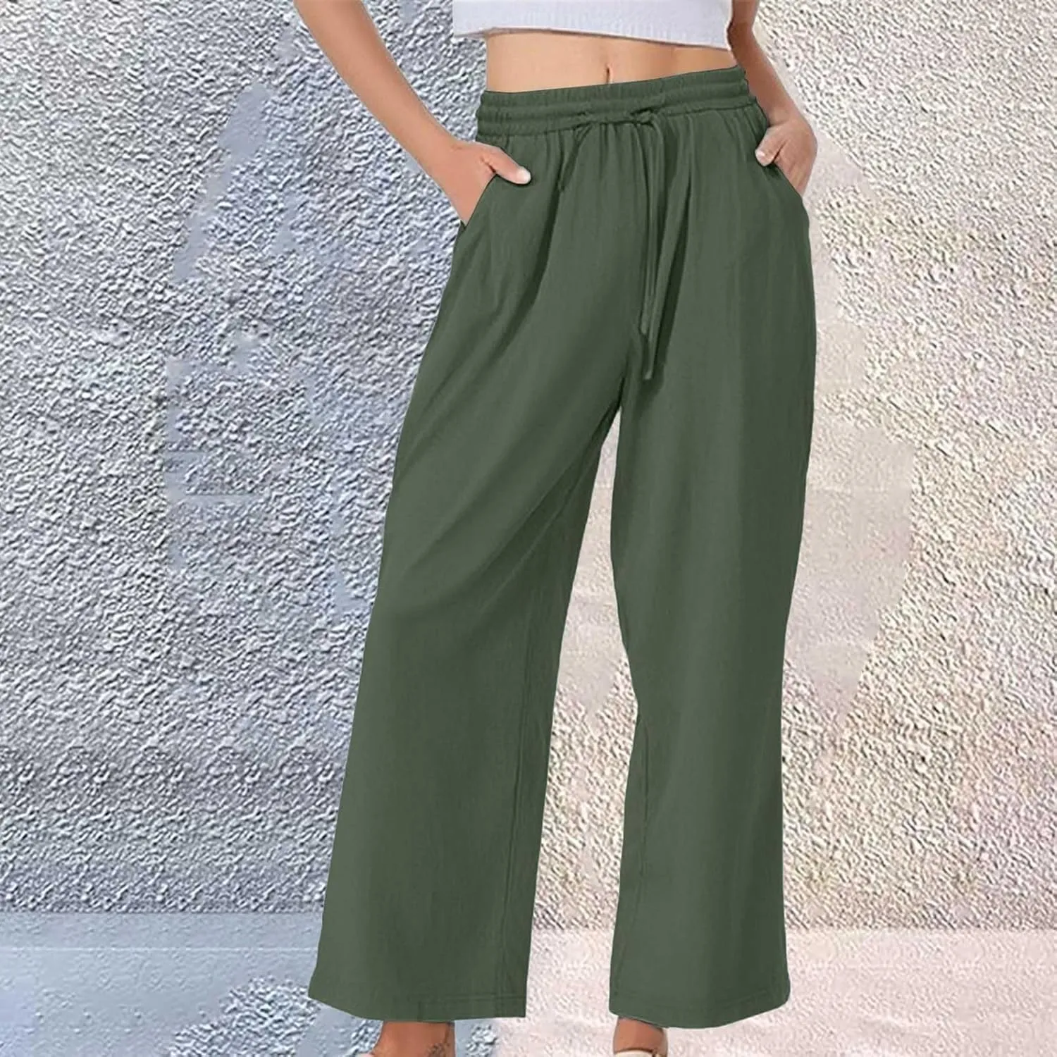 Women's Summer Pants Cotton Linen Drawstring Straight Leg Trousers Summer Lightweight Breahable Joggers Casual Pants