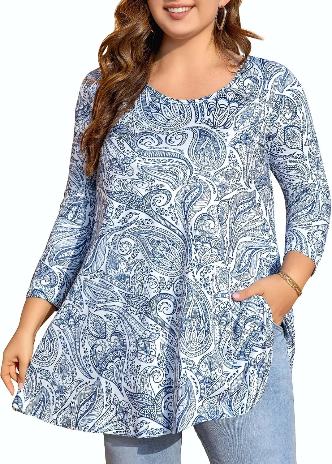 Womens Tunic Tops 3/4 Sleeve Plus Size Crew Neck Swing Flare Loose Fit T-Shirt Blouses to Wear with Leggings
