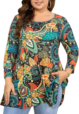 Womens Tunic Tops 3/4 Sleeve Plus Size Crew Neck Swing Flare Loose Fit T-Shirt Blouses to Wear with Leggings