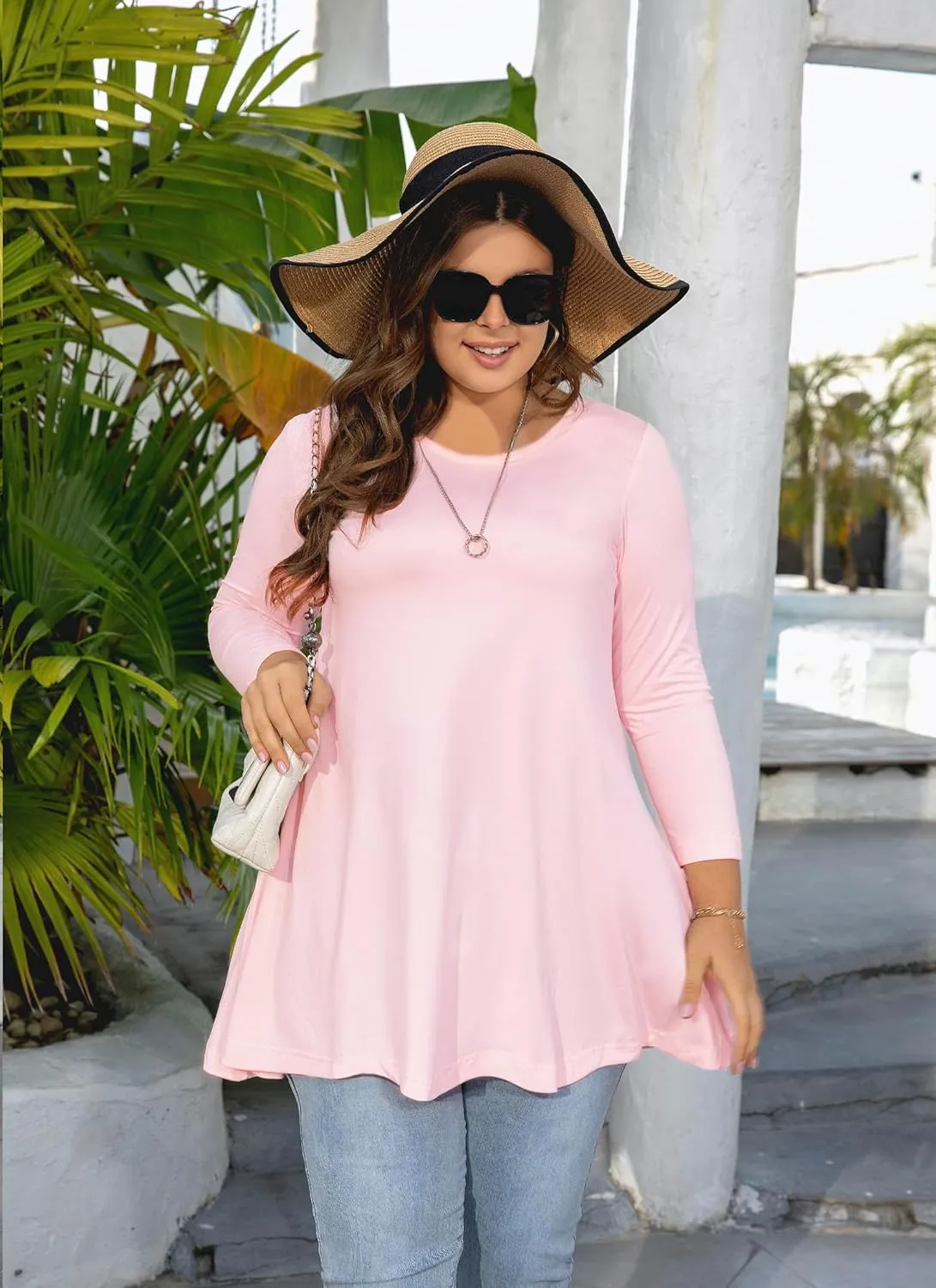 Womens Tunic Tops 3/4 Sleeve Plus Size Crew Neck Swing Flare Loose Fit T-Shirt Blouses to Wear with Leggings