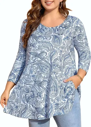 Womens Tunic Tops 3/4 Sleeve Plus Size Crew Neck Swing Flare Loose Fit T-Shirt Blouses to Wear with Leggings