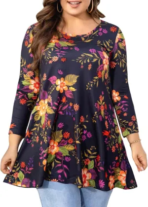 Womens Tunic Tops 3/4 Sleeve Plus Size Crew Neck Swing Flare Loose Fit T-Shirt Blouses to Wear with Leggings