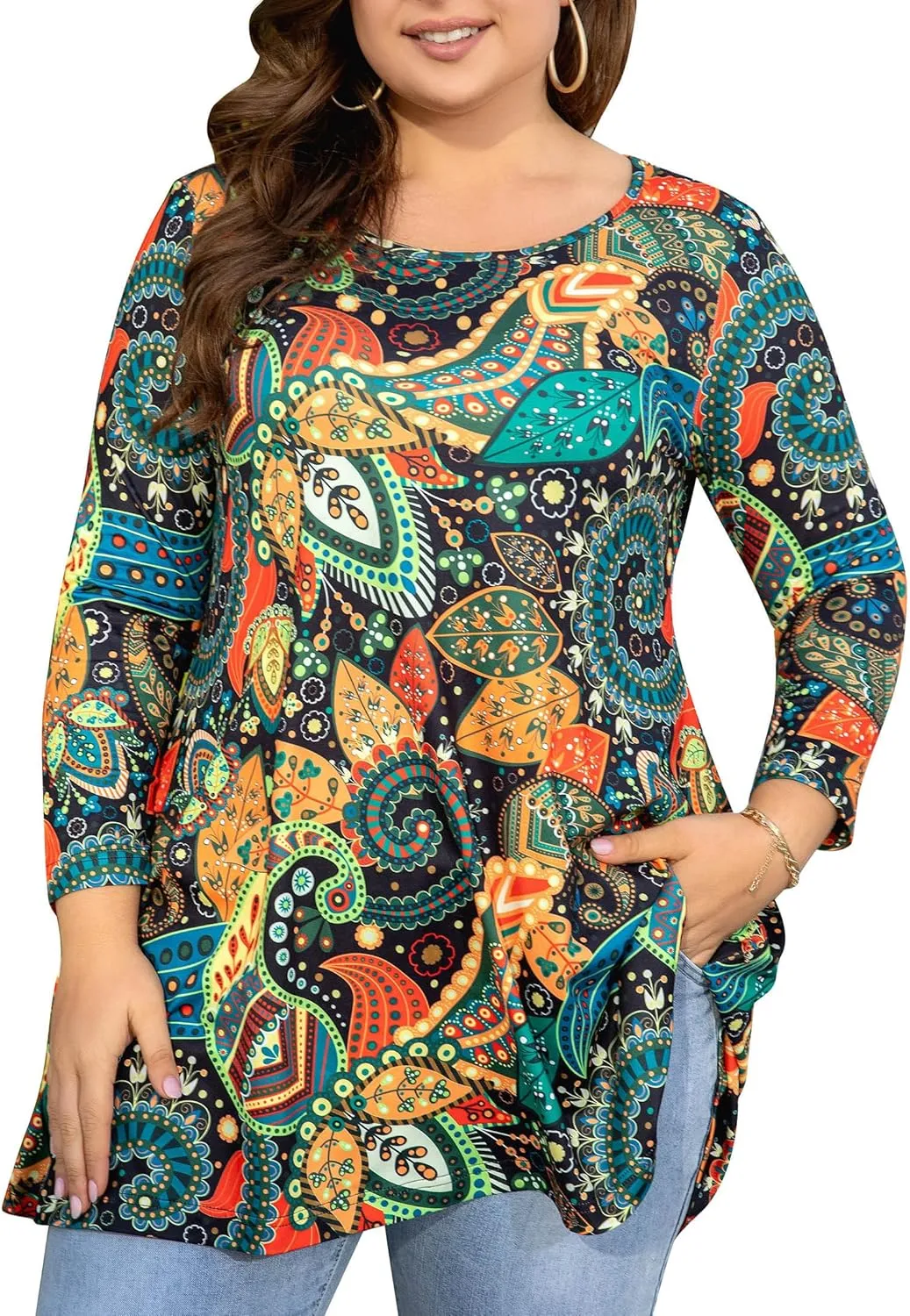 Womens Tunic Tops 3/4 Sleeve Plus Size Crew Neck Swing Flare Loose Fit T-Shirt Blouses to Wear with Leggings
