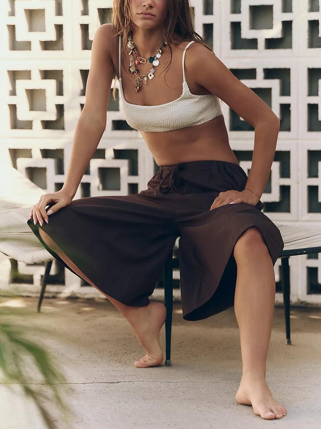 Women's Wide Leg Capri Pants Casual Baggy Culottes Elastic Waist Drawstring Cropped Palazzo Pants with Pockets