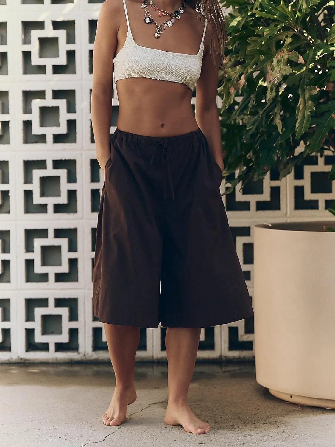 Women's Wide Leg Capri Pants Casual Baggy Culottes Elastic Waist Drawstring Cropped Palazzo Pants with Pockets