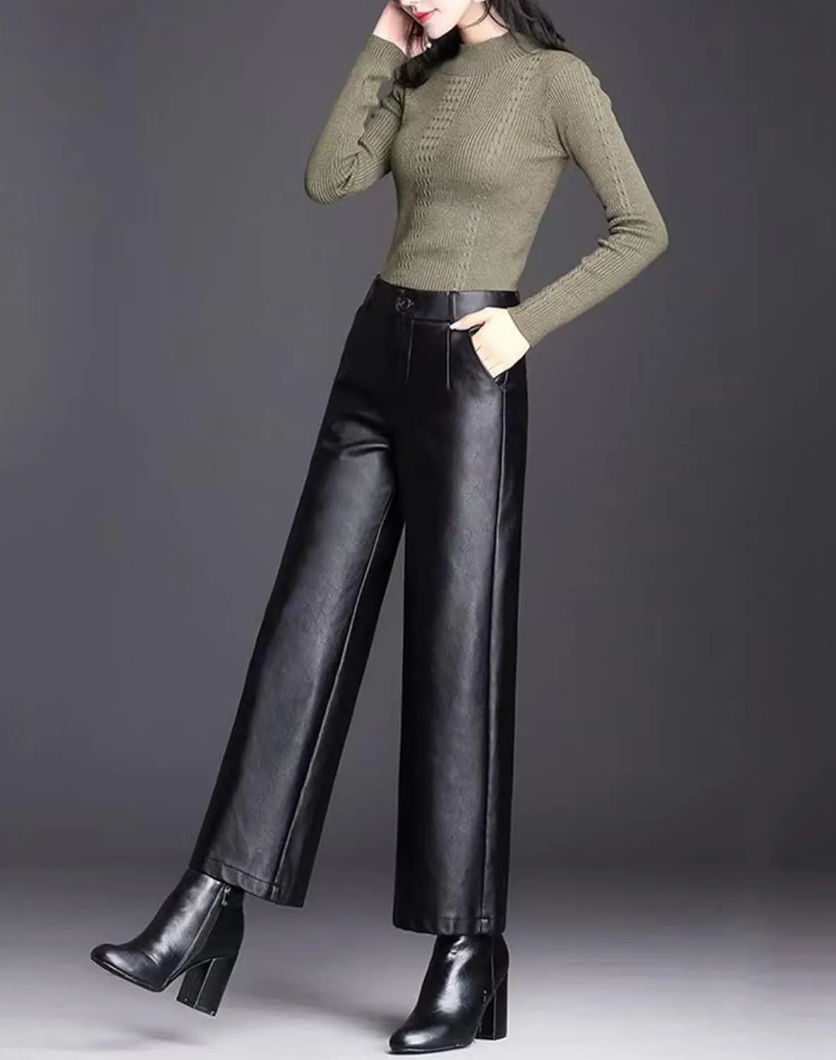 Women's Wide Leg Faux Leather Pants High Waist PU Trousers Culottes