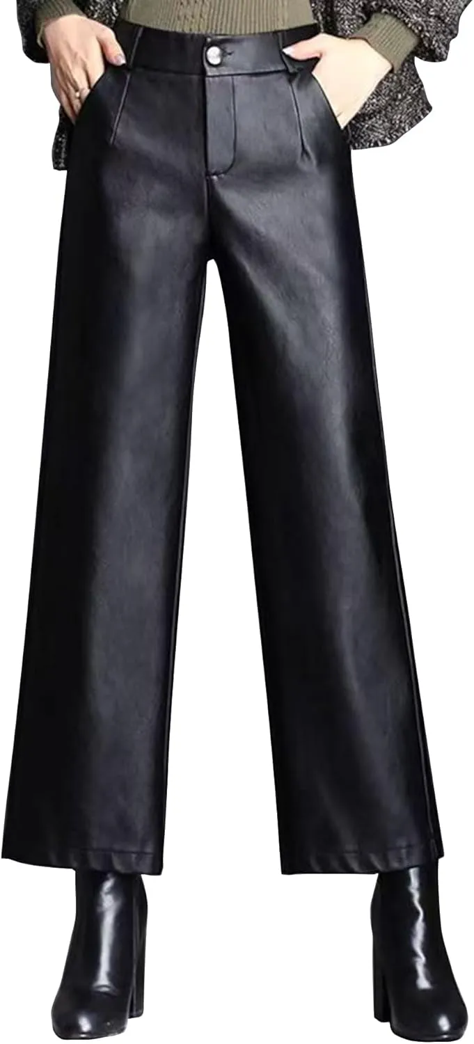 Women's Wide Leg Faux Leather Pants High Waist PU Trousers Culottes