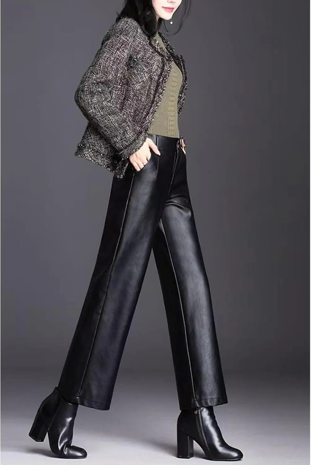 Women's Wide Leg Faux Leather Pants High Waist PU Trousers Culottes