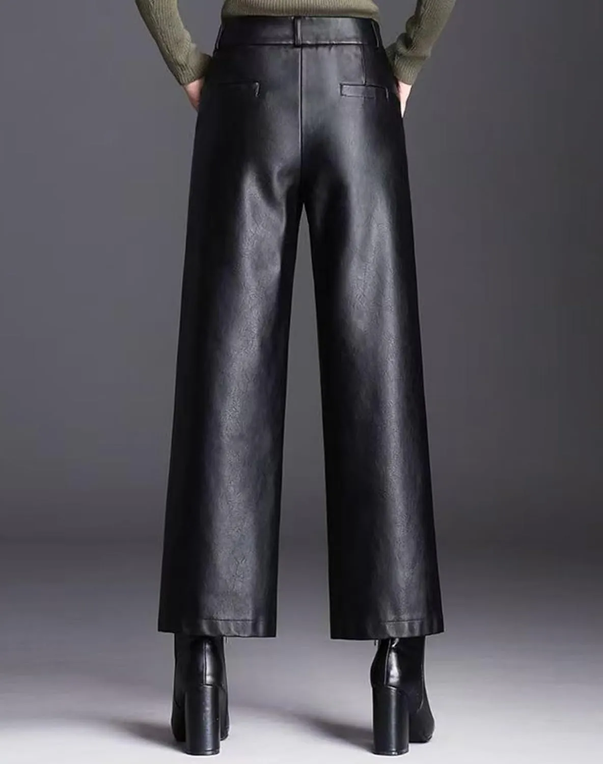 Women's Wide Leg Faux Leather Pants High Waist PU Trousers Culottes