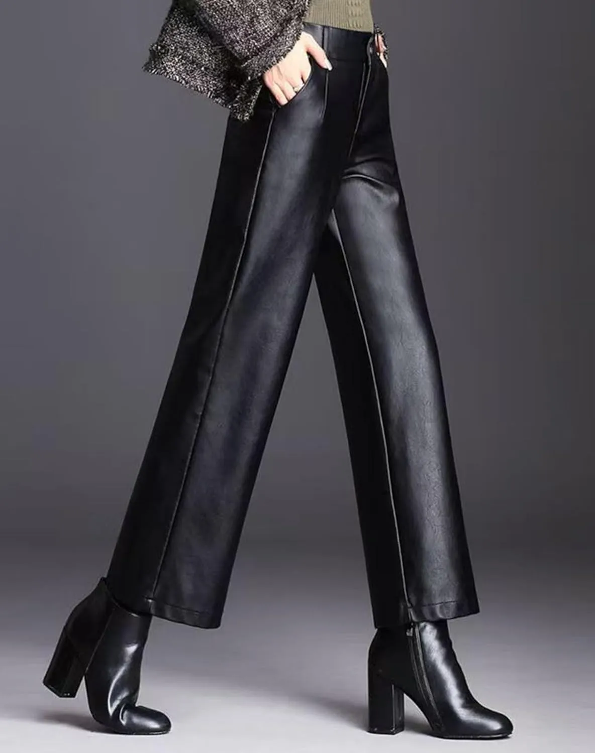 Women's Wide Leg Faux Leather Pants High Waist PU Trousers Culottes