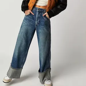 Women's Wide Leg Jeans, High Waisted Straight Leg Denim Pants Y2K Loose Trendy Boyfried Pants with Pockets