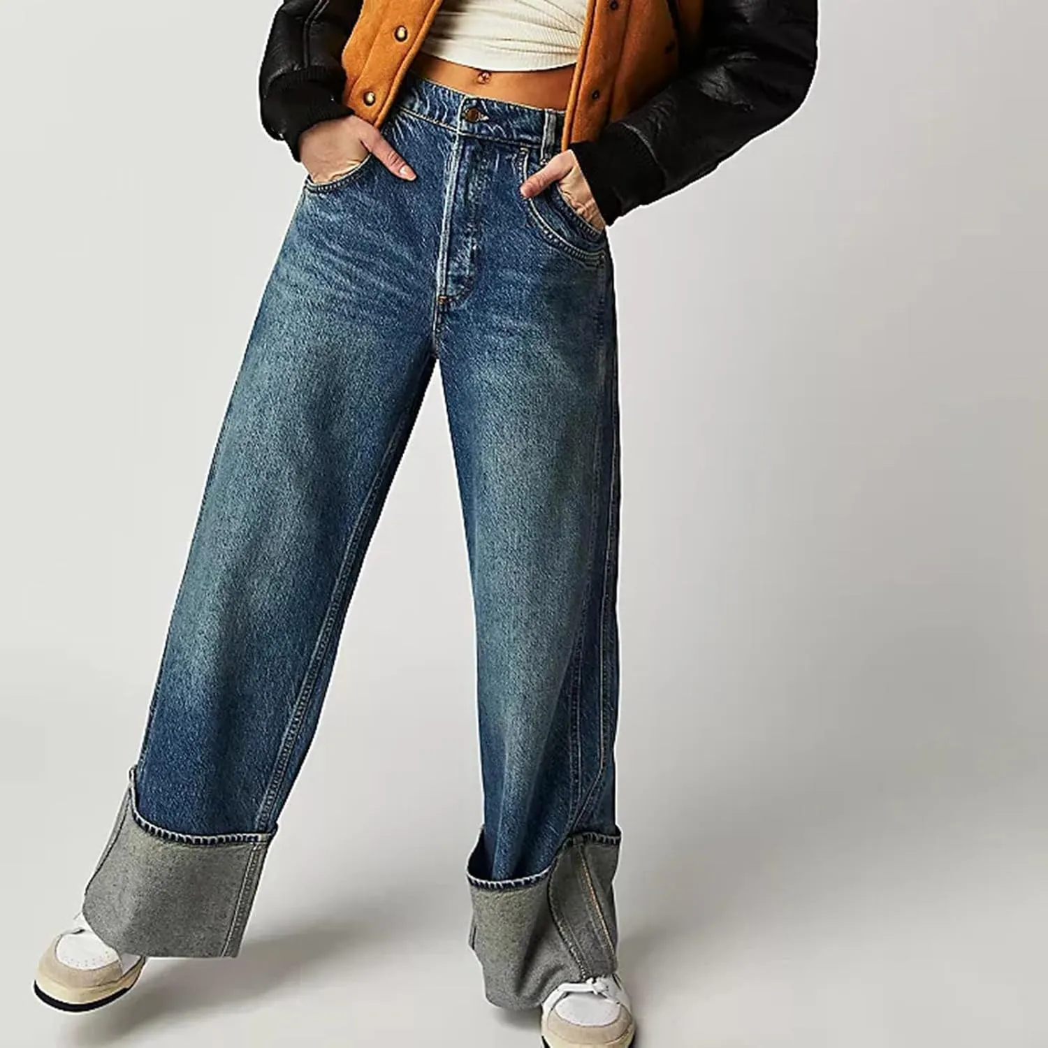 Women's Wide Leg Jeans, High Waisted Straight Leg Denim Pants Y2K Loose Trendy Boyfried Pants with Pockets
