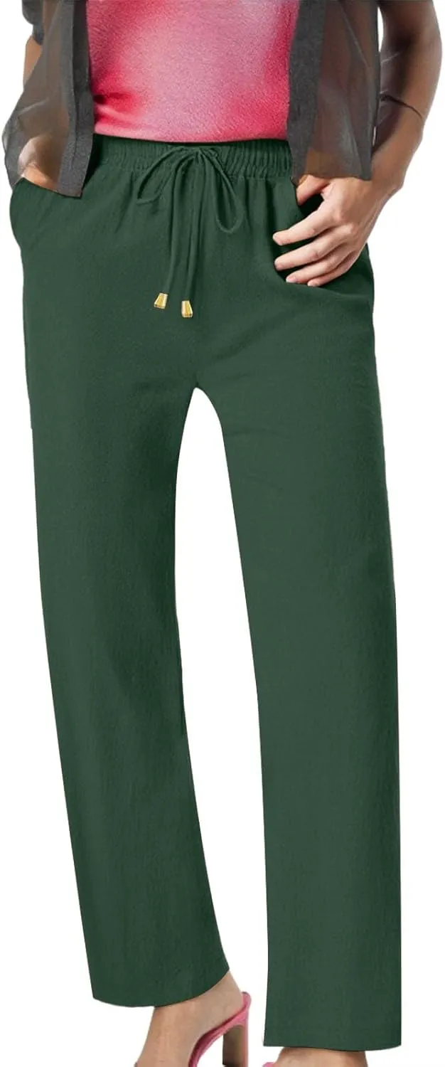 Women's Wide Leg Pants High Waisted Business Work Casual Linen Trousers 2025 Summer Comfy Palazzo Pants with Pockets