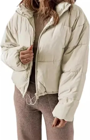 Women's Winter Coat Short Fashion Solid Color Simple Warm Cotton-Padded Jacket Long Sleeve Zipped Puffer Coat